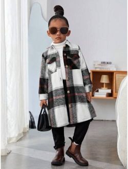 Kids Cooltwn Young Girl Plaid Flap Pocket Overcoat