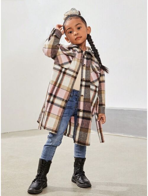 SHEIN Young Girl Plaid Flap Pocket Drop Shoulder Belted Overcoat