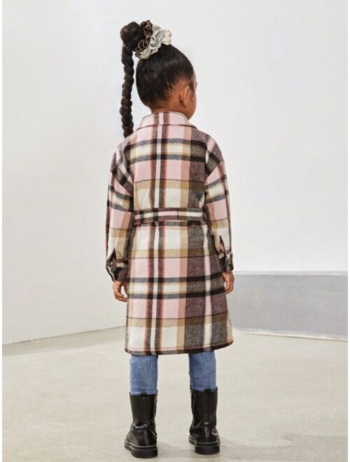 SHEIN Young Girl Plaid Flap Pocket Drop Shoulder Belted Overcoat