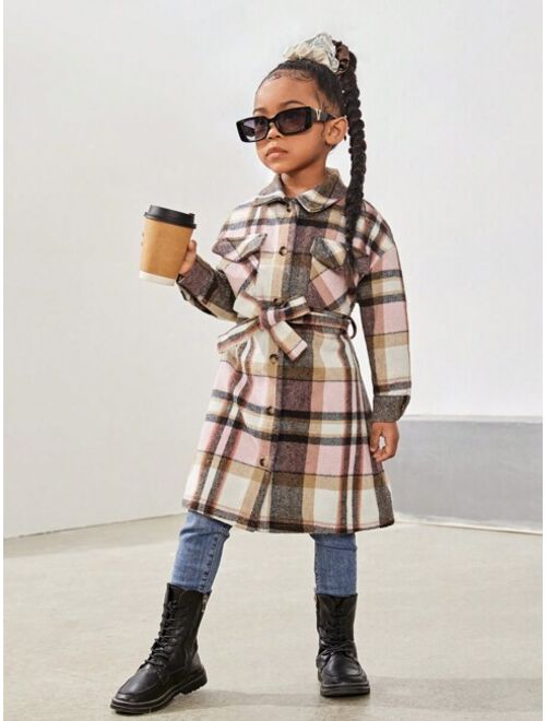 SHEIN Young Girl Plaid Flap Pocket Drop Shoulder Belted Overcoat