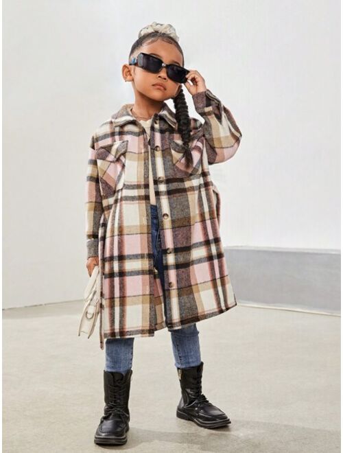 SHEIN Young Girl Plaid Flap Pocket Drop Shoulder Belted Overcoat