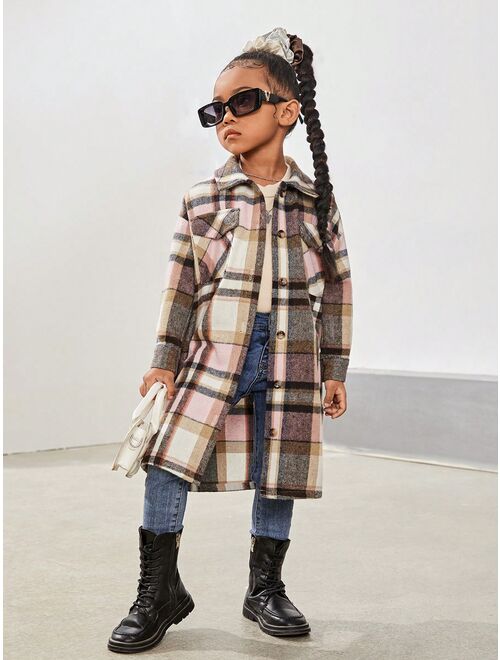 SHEIN Young Girl Plaid Flap Pocket Drop Shoulder Belted Overcoat