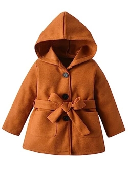 Betusline Girls Fall Winter Coat Warm Wool Blend Hooded Outerwear Jacket with Belt, 18 Months - 7 Years