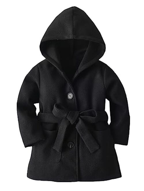 Betusline Girls Fall Winter Coat Warm Wool Blend Hooded Outerwear Jacket with Belt, 18 Months - 7 Years