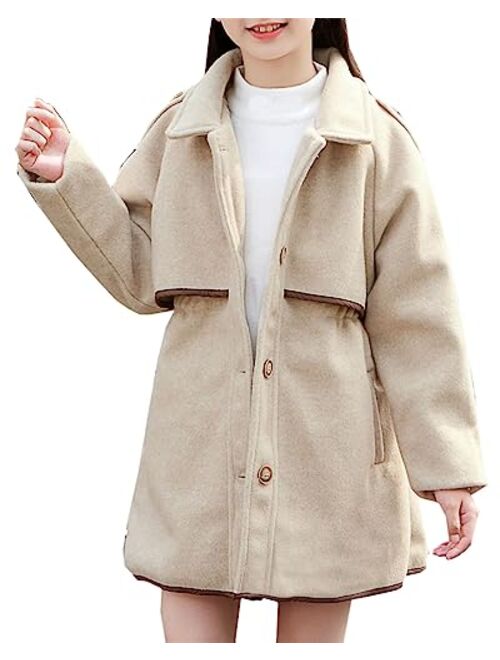 Betusline Girls Wool Dress Coat Kids Fall Winter Warm Lapel Button Jacket Overcoat, 3-14 Years