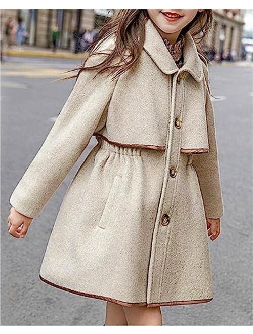 Betusline Girls Wool Dress Coat Kids Fall Winter Warm Lapel Button Jacket Overcoat, 3-14 Years