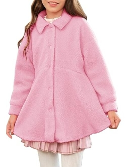 Meikulo Girls Fleece Jacket Kids Lightweight Sherpa Button Down Lapel Outwear Winter Coats with Pockets