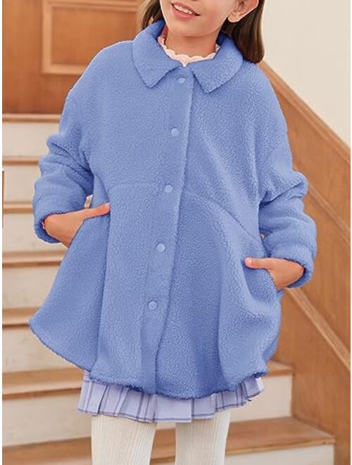 Meikulo Girls Fleece Jacket Kids Lightweight Sherpa Button Down Lapel Outwear Winter Coats with Pockets