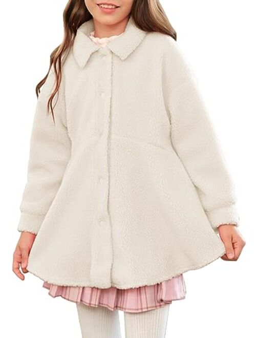 Meikulo Girls Fleece Jacket Kids Lightweight Sherpa Button Down Lapel Outwear Winter Coats with Pockets