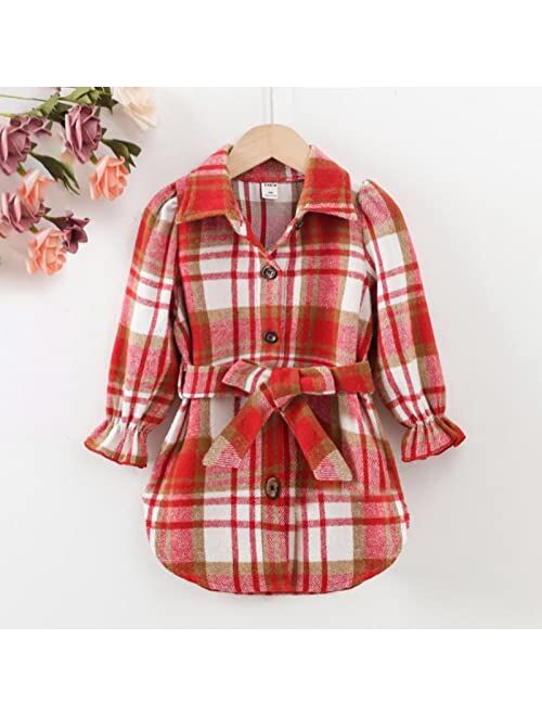 Generic Kids Girls Flannel Plaid Shirts Jacket Long Sleeve Single Breasted Coats Belt Christmas Holiday Dresses