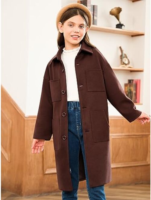 Imily Bela Girls Wool Dress Coat Kids Lapel Long Sleeve Button Down Outerwear Winter Coats with Big Pockets