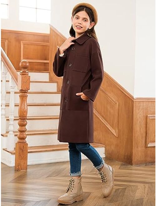 Imily Bela Girls Wool Dress Coat Kids Lapel Long Sleeve Button Down Outerwear Winter Coats with Big Pockets