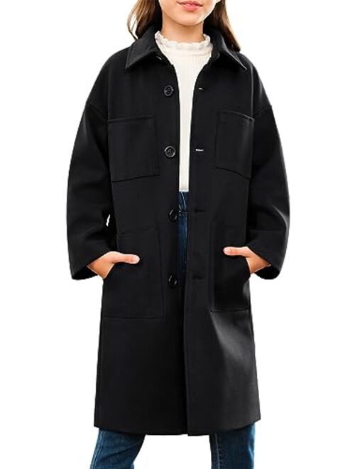 Imily Bela Girls Wool Dress Coat Kids Lapel Long Sleeve Button Down Outerwear Winter Coats with Big Pockets