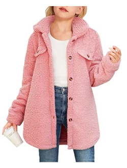 Haloumoning Girls Fuzzy Fleece Jacket Casual Button Down Sherpa Overcoat Faux Fur Jackets Outwear 4-15 Years