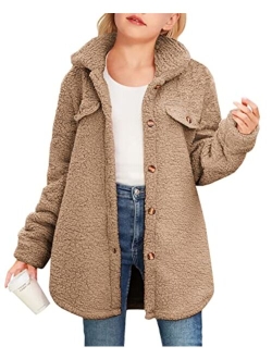 Haloumoning Girls Fuzzy Fleece Jacket Casual Button Down Sherpa Overcoat Faux Fur Jackets Outwear 4-15 Years