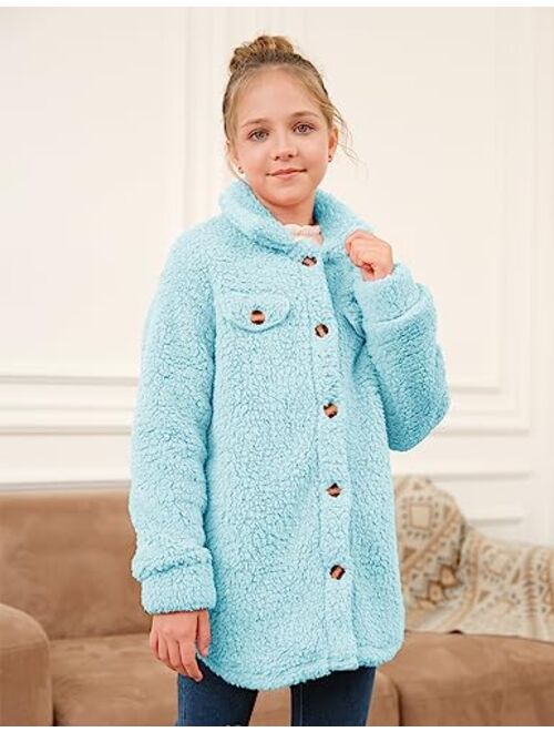 Haloumoning Girls Fuzzy Fleece Jacket Casual Button Down Sherpa Overcoat Faux Fur Jackets Outwear 4-15 Years