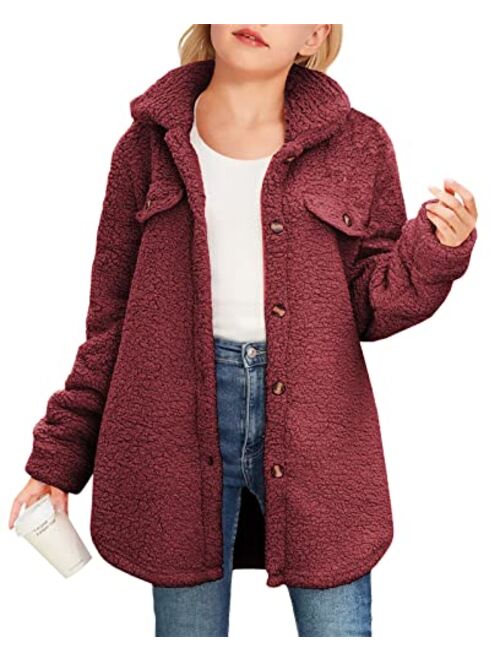 Haloumoning Girls Fuzzy Fleece Jacket Casual Button Down Sherpa Overcoat Faux Fur Jackets Outwear 4-15 Years