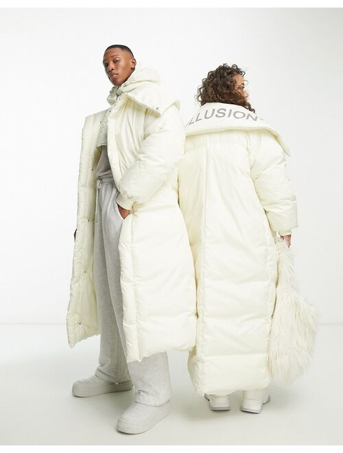 COLLUSION Unisex longline duvet puffer coat with detachable hood in ecru