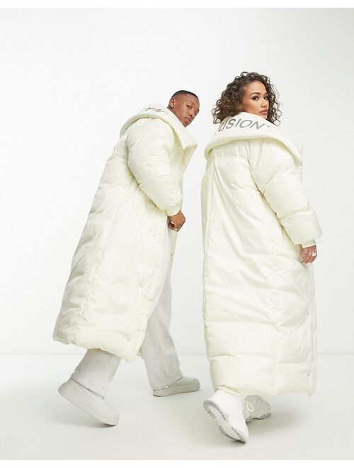 COLLUSION Unisex longline duvet puffer coat with detachable hood in ecru