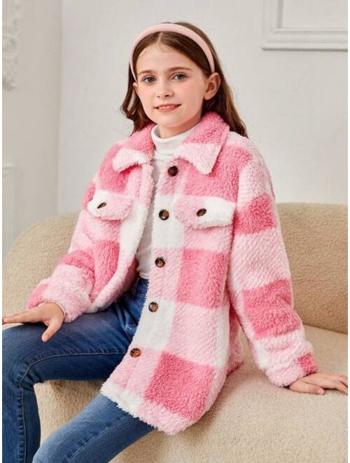 SHEIN Tween Girl Buffalo Plaid Pattern Drop Shoulder Teddy Coat