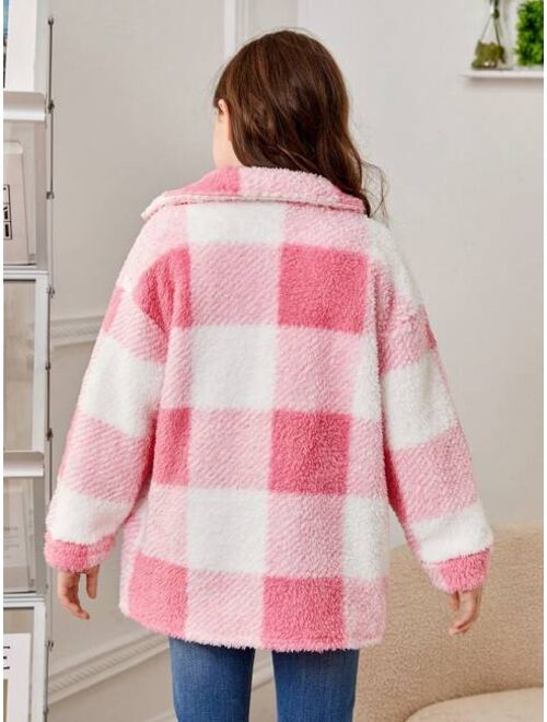 SHEIN Tween Girl Buffalo Plaid Pattern Drop Shoulder Teddy Coat