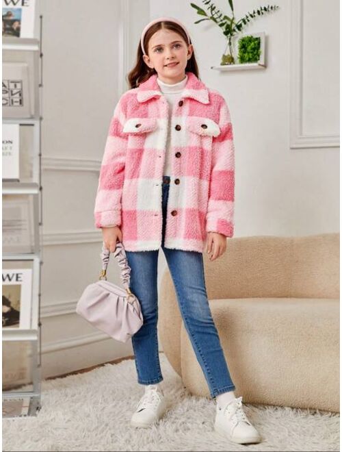 SHEIN Tween Girl Buffalo Plaid Pattern Drop Shoulder Teddy Coat