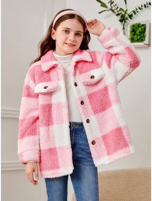 SHEIN Tween Girl Buffalo Plaid Pattern Drop Shoulder Teddy Coat