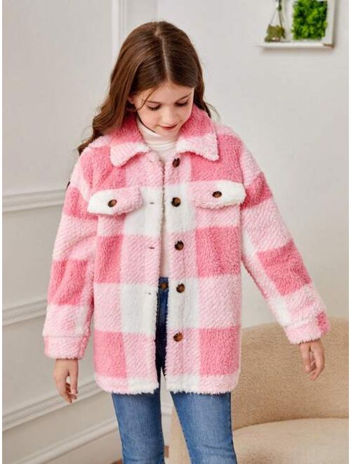 SHEIN Tween Girl Buffalo Plaid Pattern Drop Shoulder Teddy Coat