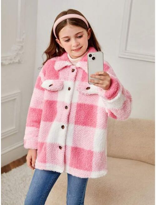 SHEIN Tween Girl Buffalo Plaid Pattern Drop Shoulder Teddy Coat