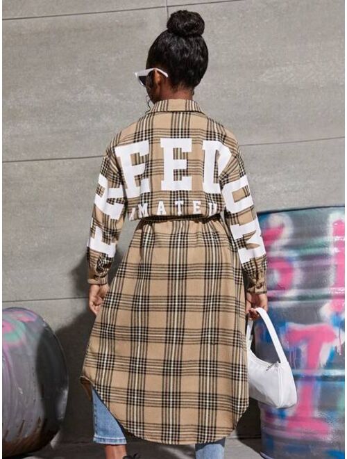 SHEIN Kids Cooltwn Tween Girl Plaid & Letter Graphic Drop Shoulder Belted Coat