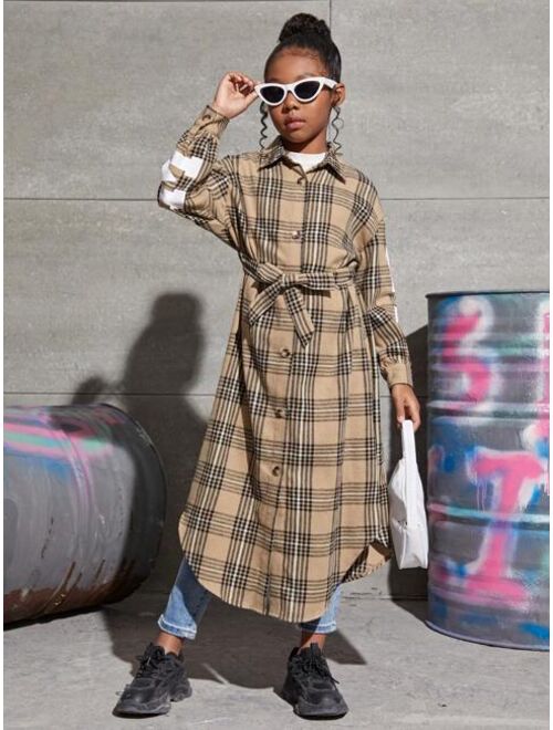 SHEIN Kids Cooltwn Tween Girl Plaid & Letter Graphic Drop Shoulder Belted Coat