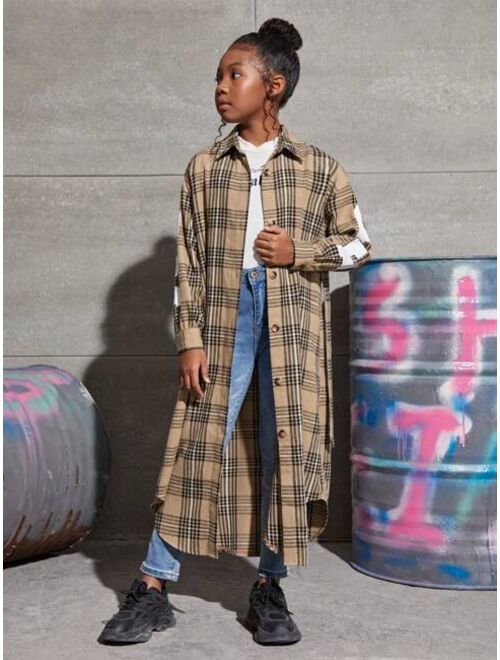 SHEIN Kids Cooltwn Tween Girl Plaid & Letter Graphic Drop Shoulder Belted Coat