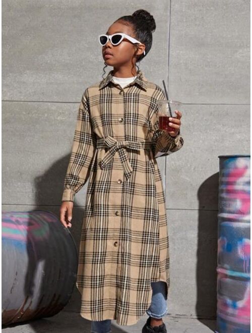 SHEIN Kids Cooltwn Tween Girl Plaid & Letter Graphic Drop Shoulder Belted Coat