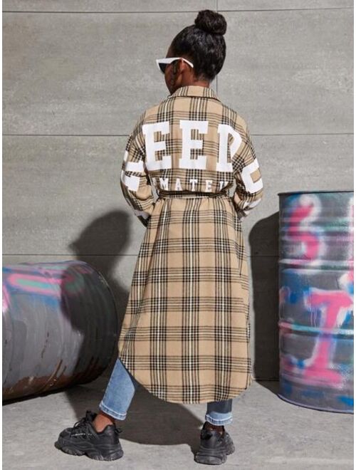 SHEIN Kids Cooltwn Tween Girl Plaid & Letter Graphic Drop Shoulder Belted Coat