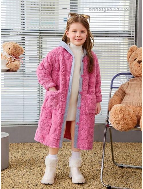 SHEIN Young Girl Contrast Trim Hooded Teddy Coat