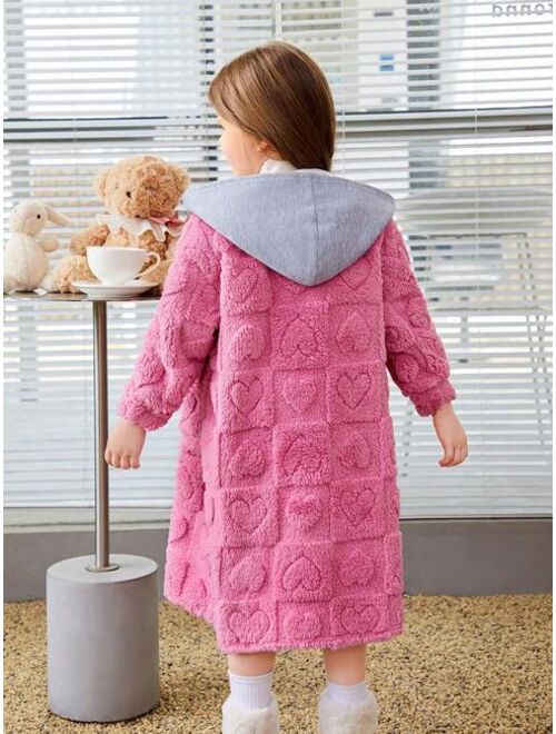 SHEIN Young Girl Contrast Trim Hooded Teddy Coat