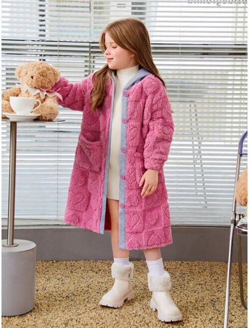 SHEIN Young Girl Contrast Trim Hooded Teddy Coat