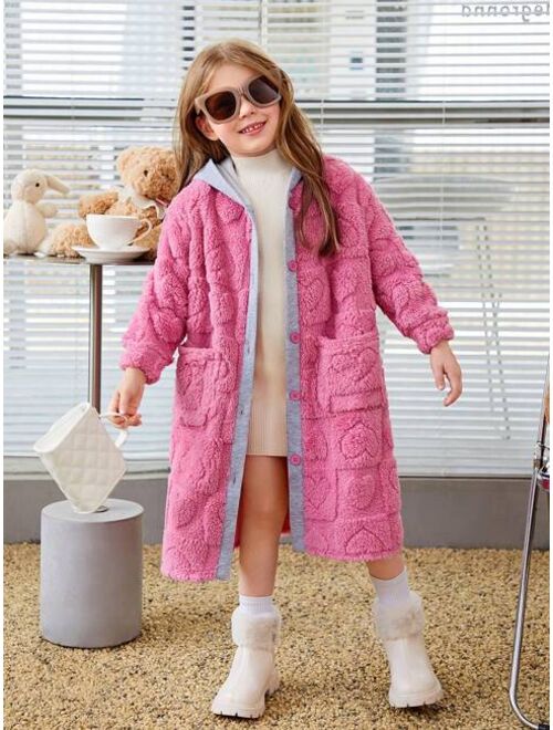 SHEIN Young Girl Contrast Trim Hooded Teddy Coat