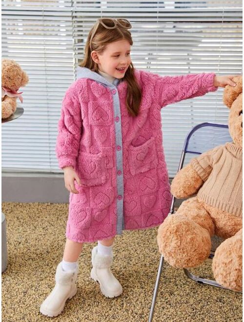 SHEIN Young Girl Contrast Trim Hooded Teddy Coat