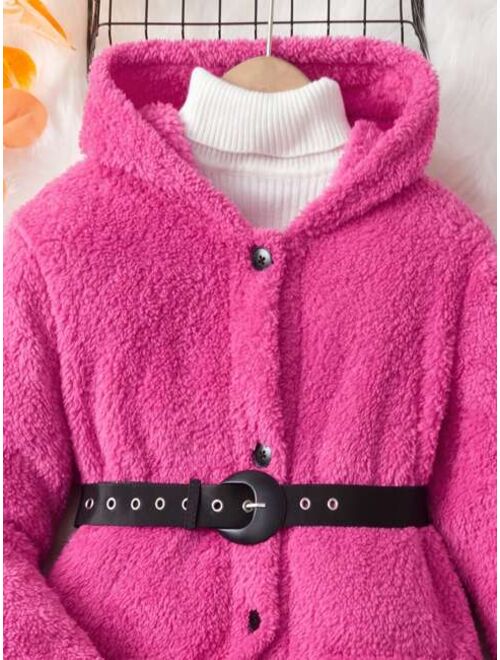 Shein Tween Girl Dual Pocket Hooded Teddy Coat Without Sweater