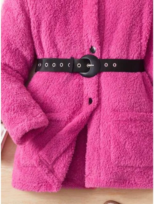 Shein Tween Girl Dual Pocket Hooded Teddy Coat Without Sweater