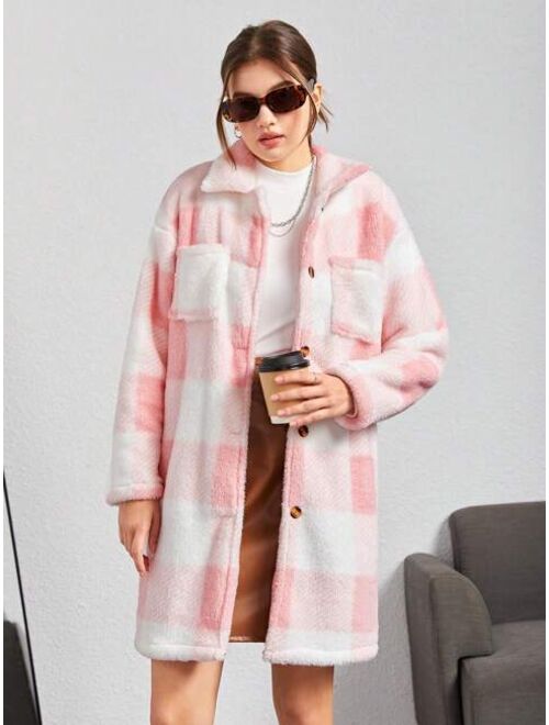 Shein Teen Girl Buffalo Plaid Pattern Drop Shoulder Teddy Coat