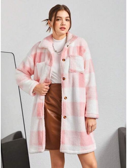 Shein Teen Girl Buffalo Plaid Pattern Drop Shoulder Teddy Coat