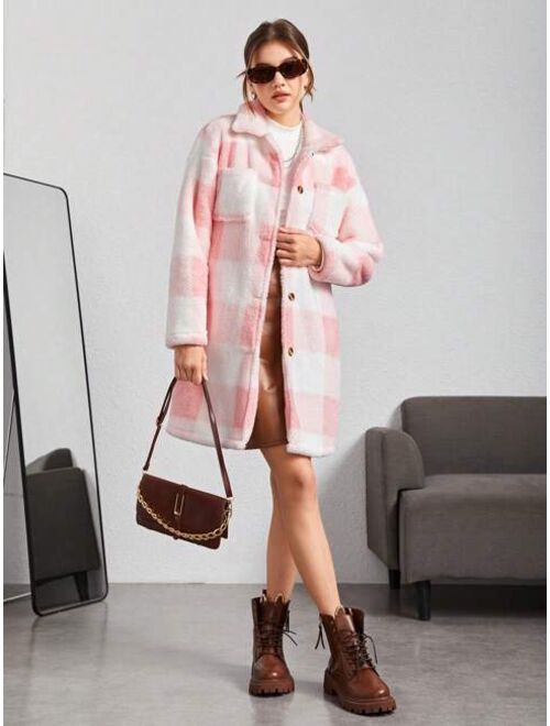 Shein Teen Girl Buffalo Plaid Pattern Drop Shoulder Teddy Coat