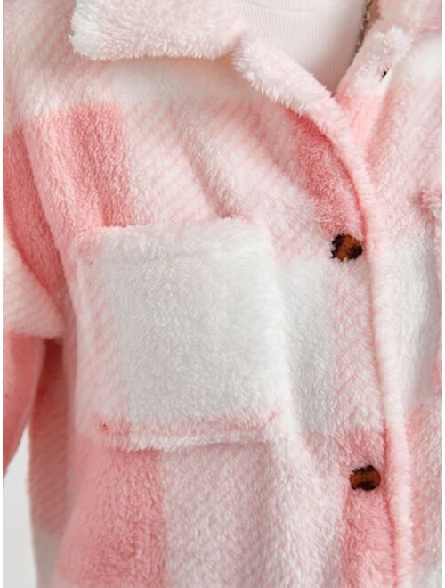 Shein Teen Girl Buffalo Plaid Pattern Drop Shoulder Teddy Coat