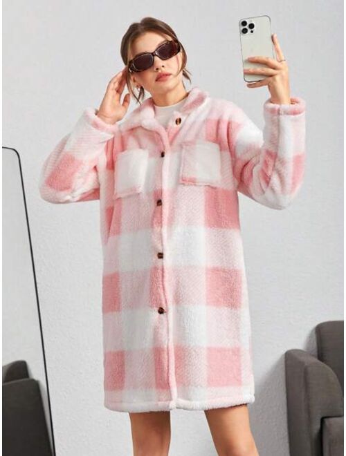 Shein Teen Girl Buffalo Plaid Pattern Drop Shoulder Teddy Coat