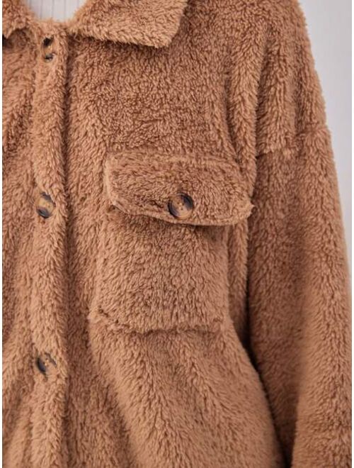 Shein Teen Girl Flap Pocket Drop Shoulder Teddy Coat