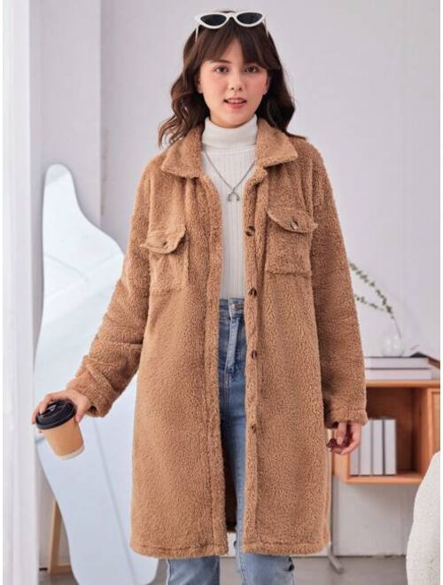 Shein Teen Girl Flap Pocket Drop Shoulder Teddy Coat