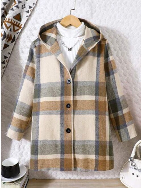 Shein Tween Girl Plaid Print Hooded Coat Without Sweater