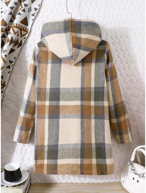 Shein Tween Girl Plaid Print Hooded Coat Without Sweater